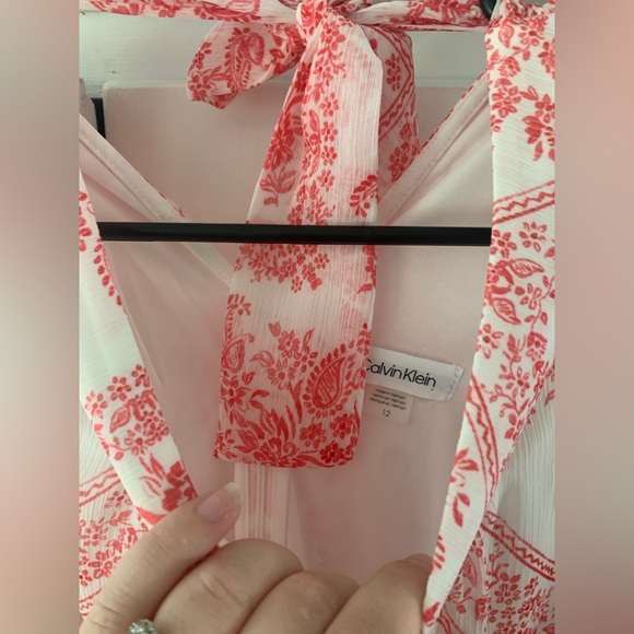 Calvin‎ Klein Sleevless Ruffled Tiered Floral Paisley Dress 12 White/Pink NWT - Picture 2 of 4